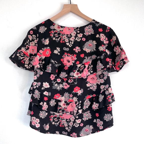 Joie Black Pink Floral Short Sleeve Blouse 100% Silk - Picture 4 of 6
